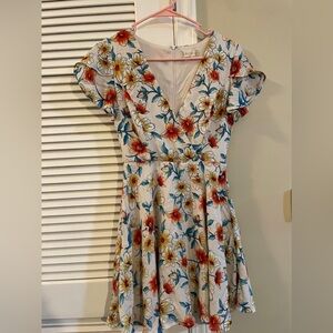 Altar'd State Floral Midi Dress with Red, Yellow, and Blue Accents